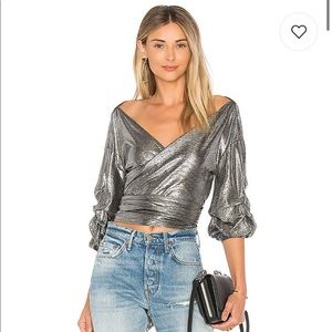 worn once Lovers+Friends silver metallic wrap top